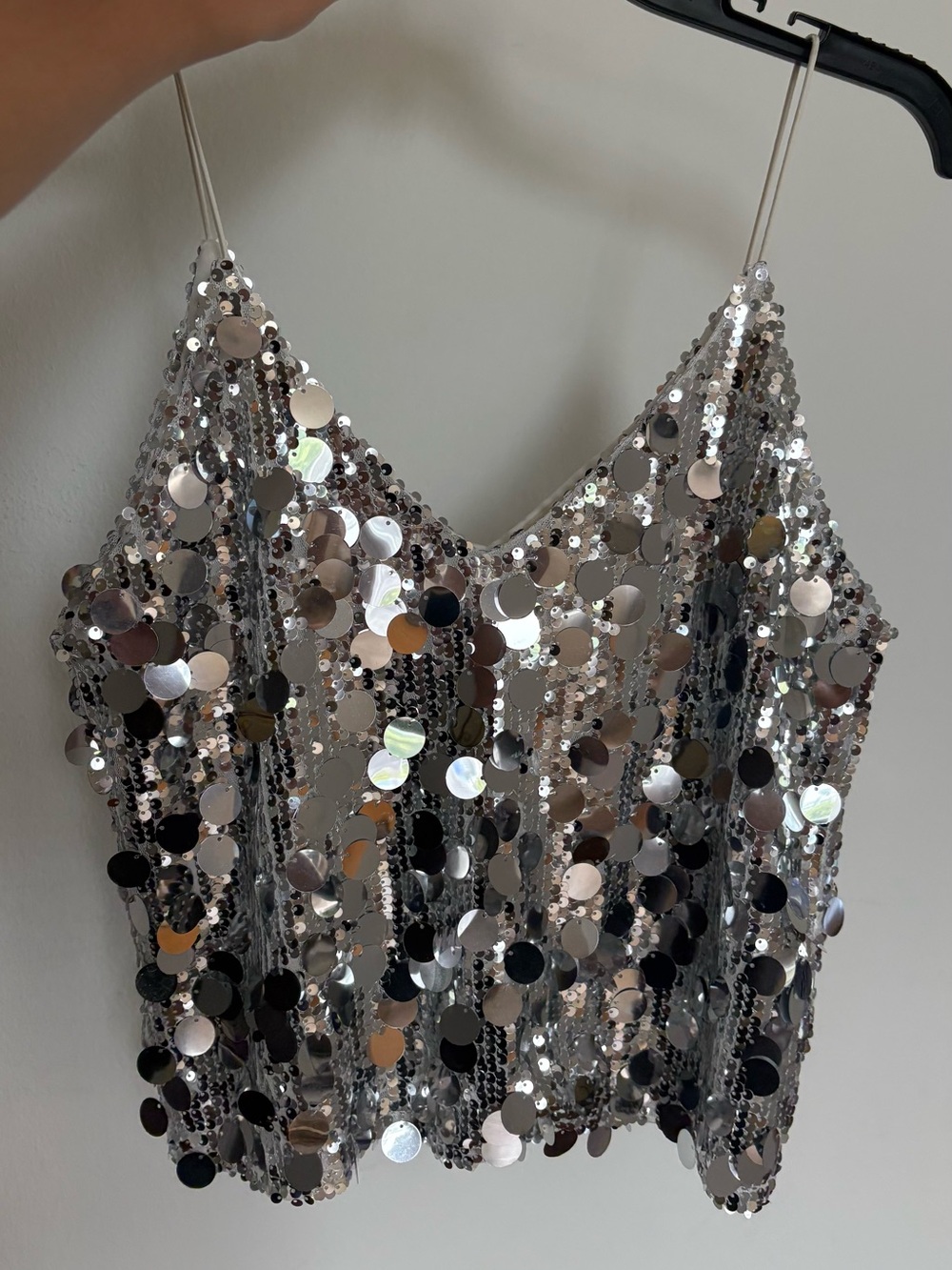 Main Strip Silver Sequin Spaghetti Strap Tank Top